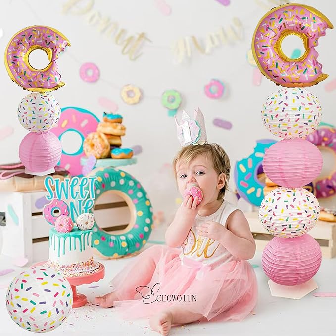 Donut Balloon Column Stand Kit And Paper Lantern 2 Sets 5.5 Feet with Reusable Metal Telescopic Design for Donut Parties, Birthday Decorations for Girls, Easter Decorations,Wedding