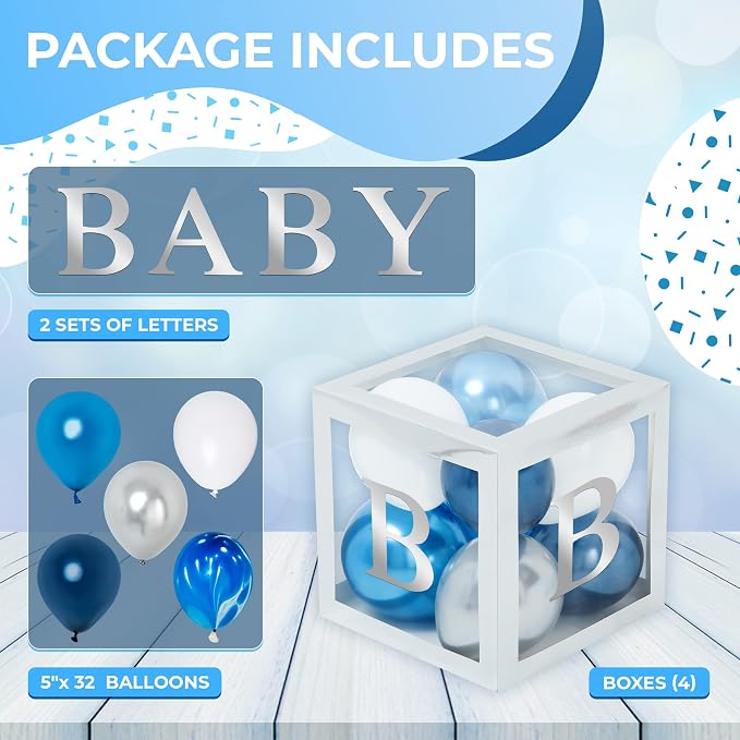 44-Piece Baby Shower Decorations for Boy or Girl - 4 Boxes with Letters and 32 Balloons - Stylish Silver and Blue - Gender Reveal Party Supplies - Photo Shoot Backdrop Prop