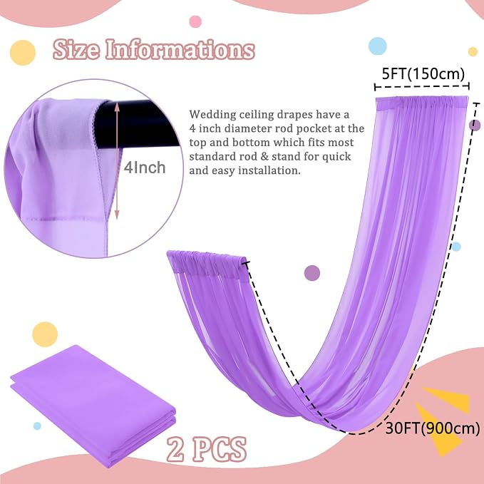 FOTSHARER Wedding Ceiling Drapes 5x30FT 2 Panels Lavender Wedding Arch Draping Chiffon Fabric Ceiling Drapery for Weddings Ceremony Tent Drapes for Events Sheer Drape for Backdrop Canopy Decoration