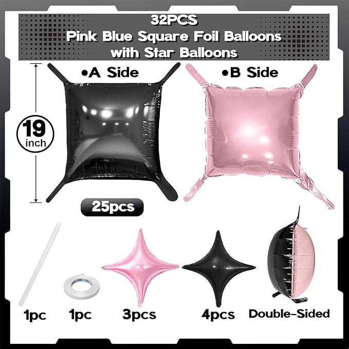32PCS Pink and Black Square Foil Balloons, Double Sided Light Pink and Metallic Black Square Balloon Backdrop Wall with Star Foil Balloons Flat Tunnel Background for Girls Queen Birthdays Bachelorette