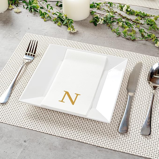 Luxenap 15.8 X 7.9 Inch Linen-Feel Guest Towels, 2000 Lettered Hand Towels - Gold Letter 'N', Sans Serif Font, White Paper Dinner Napkins, airlaid, For Restrooms And Tables