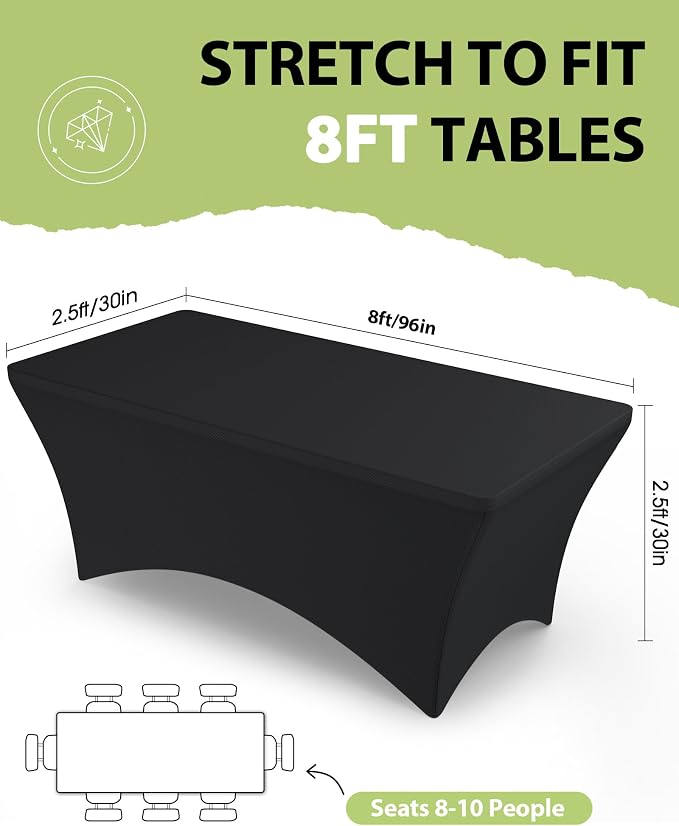 Pureegg Spandex Tablecloth 8ft - 6 Pack, Fitted and Stretch Table Cover for Rectangle Tables, Wrinkle-Resistant and Secure Fabric for Outdoor, Picnic, Party, Wedding, Banquet and Birthday, Black