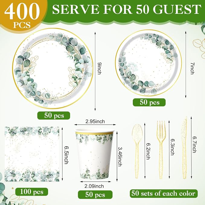 400 Pcs Sage Green Color Party Supplies Serve 50 Guests Eucalyptus Flowers Disposable Paper Plates Napkins and Cups for Bridal Baby Shower Birthday Wedding Party Decorations(Green,Classic)
