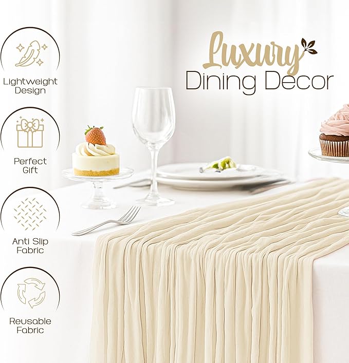 12 Pack Beige Cheesecloth Table Runners 10FT Long – 35 x 120 Inch Boho Gauze Table Runners for Engagement, Wedding, Baby Shower & Home Decor – Soft Wrinkled Polyester Fabric