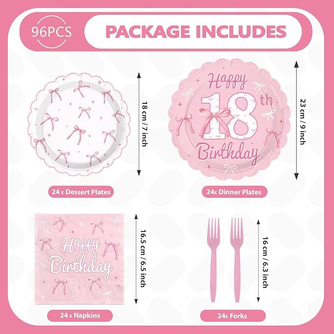 96Pcs Pink Bow Party Supplies Coquette 18th Birthday Party Plates and Napkins Disposable Bow Themed Tableware Set for Girl Happy 18th Birthday Graduation 2026 Decorations, Serves 24