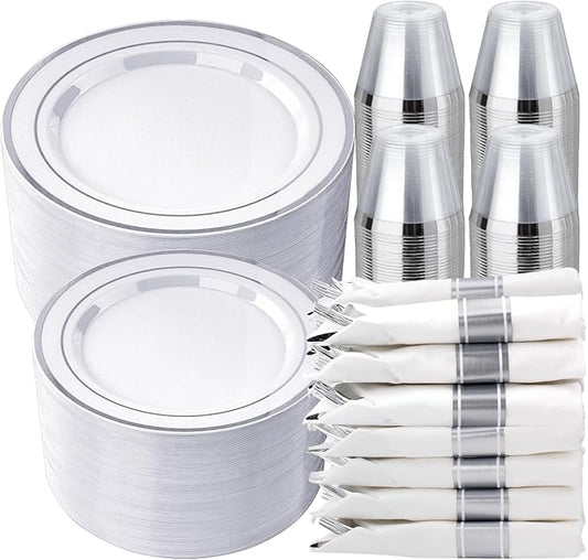 realluck 350 PCS White and Silver Plastic Dinnerware Set for 50 Guests, 100 Disposable Plates for Party, 50 Pre Rolled Napkins with Silver Silverware, 50 Cups