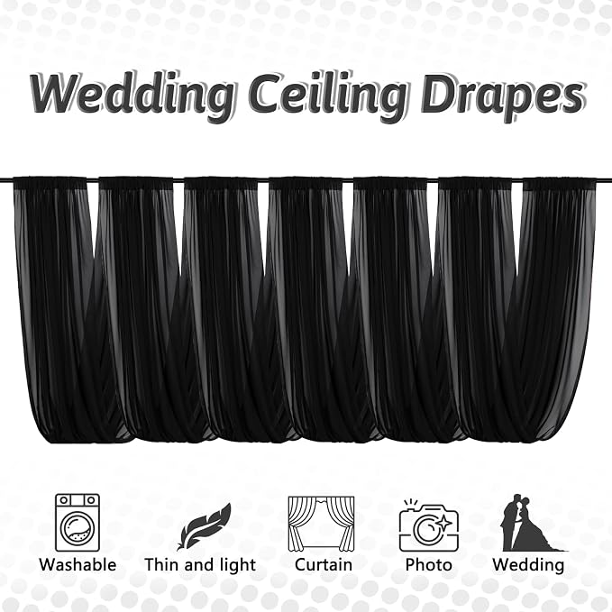 DUOBAO Black Chiffon Sheer Wedding Backdrop Curtains 5x20 FT - 6 Panels Tulle Drapes Fabric for Stage Tent Canopy, Birthday Arch Drapery, Photography Background with Rod Pocket