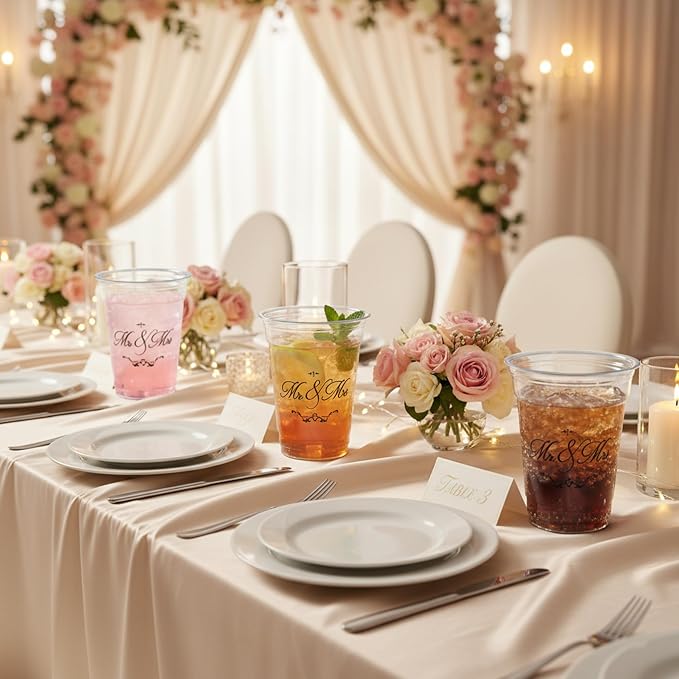 Edussy 50 Pack Disposable Wedding Plastic Cups Decor- 12 oz Mr and Mrs Cups for Wedding Stuff Decorations for Reception Bridal Shower Anniversary Party