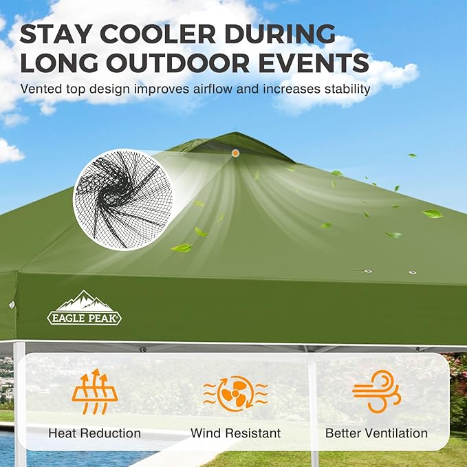 EAGLE PEAK Pop Up Canopy Tent with Wheeled Carry Bag, 8 Stakes, 4 Ropes, 4 Weight Bags, Easy Set Up Tent Canopy, 10x10 ft, 100sqft of Shade, Grass Green