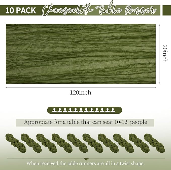 10 Pack Olive Green Table Runner 10Ft Cheesecloth Table Runner Boho Gauze Cheese Cloth Table Runners Romantic Long Sheer Fabric Table Runners for Wedding Party Bridal Shower