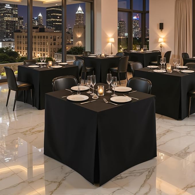 Shillance 4 Pack Black Square Tablecloth for 34x34 Inch Card Table Cover Waterproof Oil-Proof Spill-Proof Polyester Square Fitted Tablecloth for Wedding Parties Display Trade Show