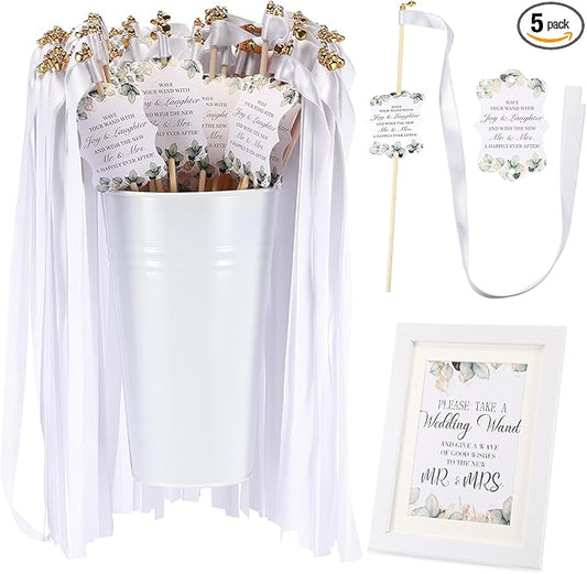 Baderke 103 Pcs Ribbon Wedding Wands with Tags and Holder Includes 1 Galvanized Metal Bucket 50 Silk Wand 50 Wedding Favor Tags 1 Wand Card 1 Photo Frame for Wedding Anniversary Bridal Decors