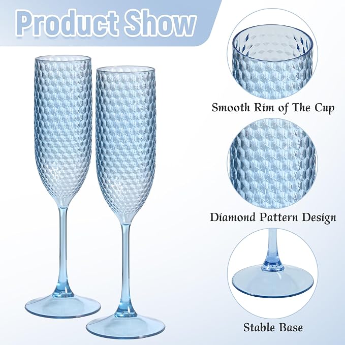 Pesonlook 48 Pack Plastic Champagne Glasses Blue Reusable Diamond Crystal Clear Wine Glasses Diamond Wine Cups Vintage Drinking Glasses for Wedding Reception, Grand Event Party Supplies