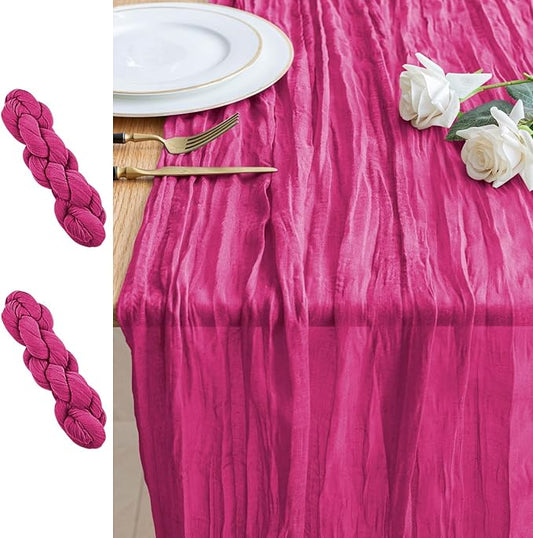 2PCS Table Runner Cheesecloth 10FT Fuchsia Boho Gauze Cheese Cloth Rustic Sheer Table Runners for Wedding Birthday Bridal Baby Shower Party Decoration