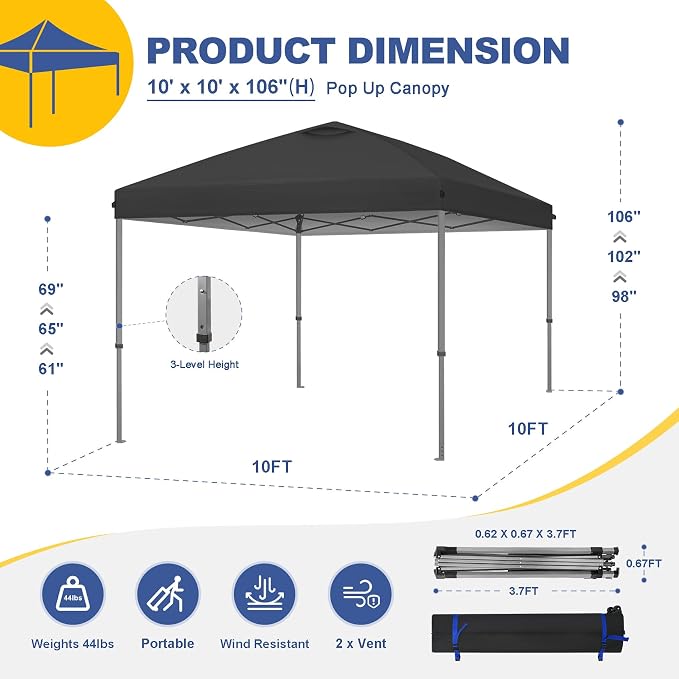 Explore Land 10x10 Pop Up Canopy with One Push Setup Heavy Duty Outdoor Sun Shade Tent for Beach,Camping,Events,Parties(Black)