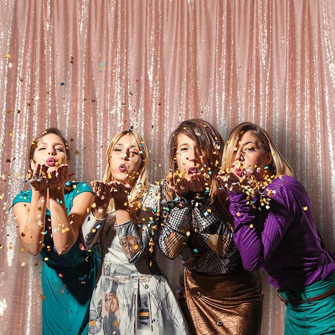 SquarePie 5x7ft Rose Gold Sequin Backdrop for Photography, Satin-Backed Real Sequin Curtain, Enhanced Coverage Shimmering Background with 4" Rod Pocket for Wedding, Birthday, Party Decor, 1 Panel