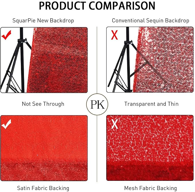 SquarePie 4x7ft Red Sequin Backdrop for Photography, Satin-Backed Real Sequin Curtain, Enhanced Coverage Shimmering Background with 4" Rod Pocket for Wedding, Birthday, Party Decor, 1 Panel
