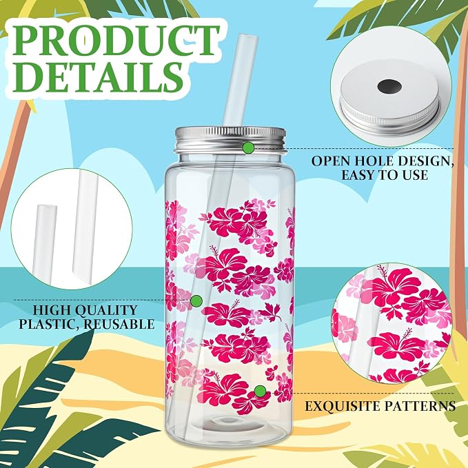 Skylety 30 Pcs 13.5 oz Hawaiian Luau Party Cups with Lids and Straws Hawaiian Hibiscus Party Cups Clear Plastic Tumbler Decorations for Women Sea Summer Birthday Bridal Wedding Reusable Supplies