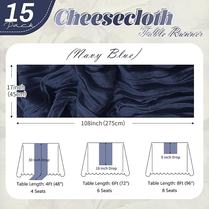 15 Pack Navy Blue Cheesecloth Table Runner 17 x 108 inch Cheese Cloth Table Runners 9ft Blue Table Runner Rustic Romantic Sheer Gauze Runner for Wedding Party Baby Shower Table Decoration