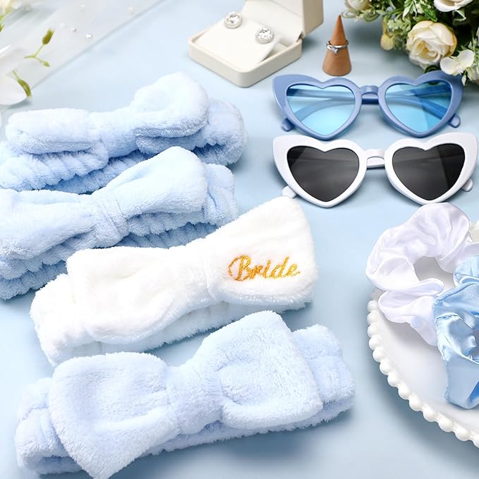 Geiserailie 36 Pcs Bachelorette Party Accessories 12 Bride Spa Headbands 12 Bridesmaid Scrunchies Ties 12 Bachelorette Sunglasses Bridesmaids Proposal Gifts for Wedding Party Favors(Dusty Blue)