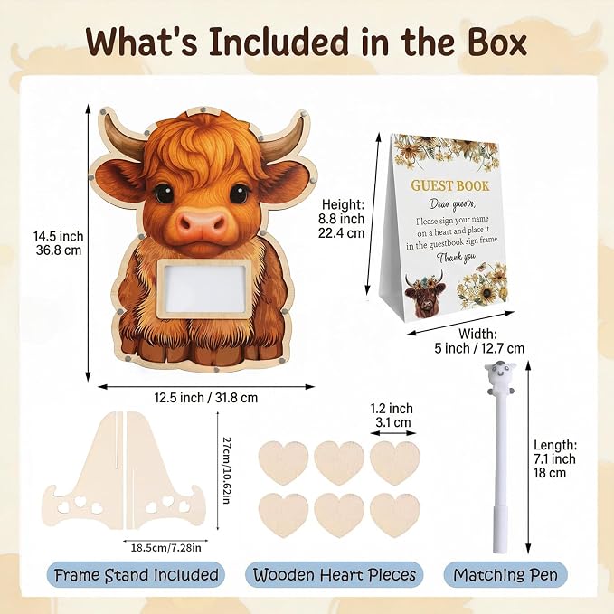 Highland Cow Baby Shower Decorations,Holy Cow Baby Shower Guest Book Alternatives with Pen,Photo Frame and 60 Heart Wood Slices for 60 Guests,Gender Reveal Decorations