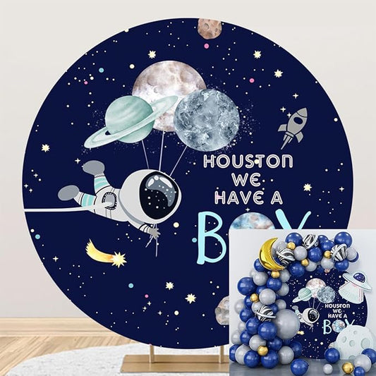 Polyester Diameter 6.5ft Houston We Have a Boy Round Photography Backdrop Cartoon Starry Sky Roaming Astronaut Rocket Planet Photo Background Boy Birthday Party Baby Shower Decoration