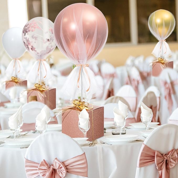 4 Set Rose Gold Confetti Tulle Tutu Balloon with Letter Boxes Baby Shower Table Centerpieces Decor for Gender Reveal 24'' Balloons White Tulle Cover with Stand, Boxes for Wedding Birthday Party