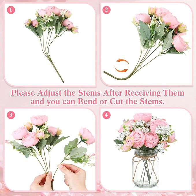 Zeyune 6 Sets Mason Jar Centerpiece Table Decorations, Artificial Peony Baby's Breath Flower Bouquets, Faux Flowers with Vase, Rustic Decor Gifts for Home, Wedding, Holiday (Light Pink)