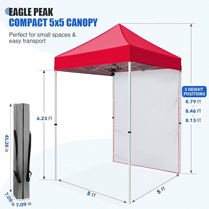 EAGLE PEAK Pop up Canopy 5x5, Outdoor Portable Canopy Tent with One Removable Sunwall, Carry Bag Included, Red