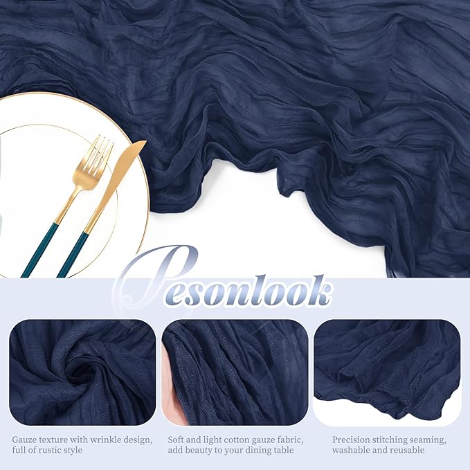 12 Pack Navy Blue Cheesecloth Table Runner, 10FT Cheesecloth Rustic Boho Table Runner Long Romantic Semi Sheer Table Runner for Wedding Birthday Bridal Shower Party Decorations(21.5×120 Inch)