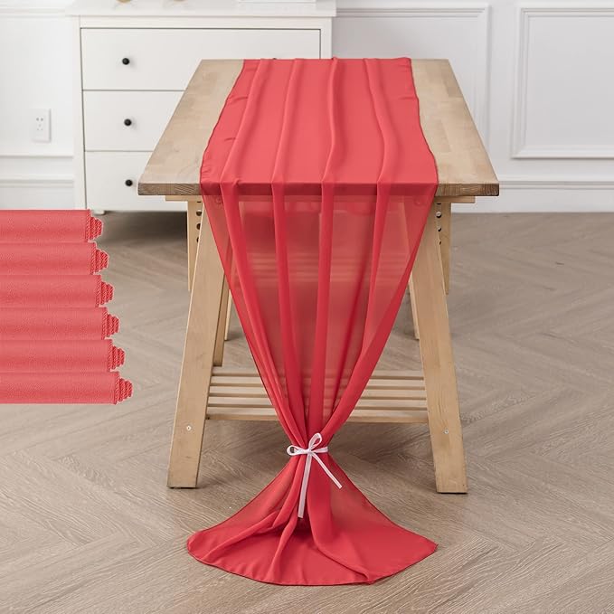 6Pack 9ft Christmas Chiffon Table Runner 14x108 Inch Sheer Romantic Table Runner for Wedding Birthday Party Bridal Shower Outdoor Decoration-Red