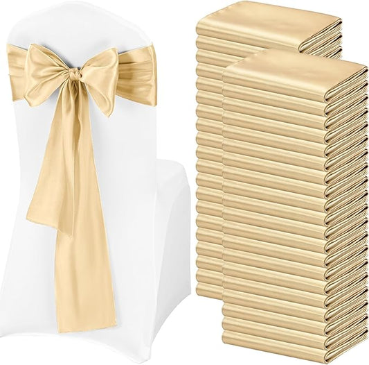 Pesonlook 120 PCS Champagne Satin Chair Sashes Bows Satin Chair Sashes Universal Chair Cover for Wedding Reception Restaurant Event Decoration Banquet,Party,Hotel Event Decorations (7 x 108 inch)