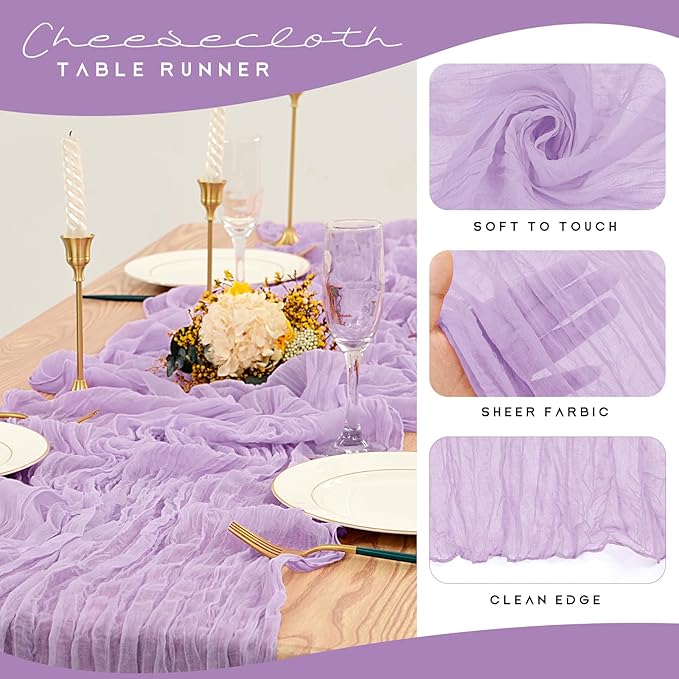 12 Pack Cheesecloth Table Runner 35 x 120 inch Long Boho Cheese Cloth Gauze Table Runners Semi Sheer Table Runner for Wedding Decor, Bridal Shower, Birthday Party (Lavender)