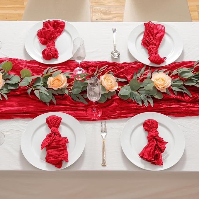 8 Pack 10Ft Red Cheesecloth Table Runner 35x120 inch Boho Gauze Cheese ClothsTable Runners Long Wrinkled Sheer Romantic Table Runner for Wedding Bridal Shower Birthday Party Table Decor
