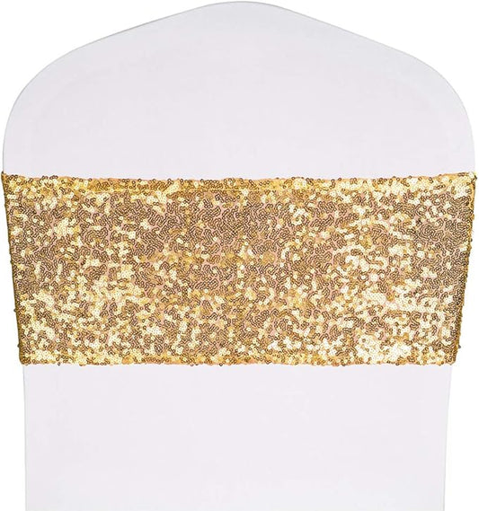Pack of 200 Stretch Sequin Chair Sashes Chair Bands One-Sided Sequins Decor for Hotel Wedding Reception Party Event Chair Cover Decoration 4"x16" - Light Gold