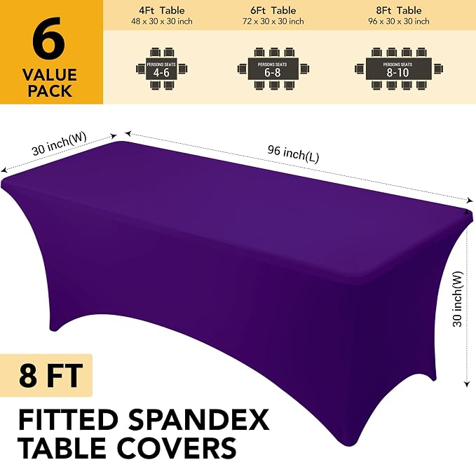 6-Pack Premium Purple Spandex Tablecloths for 8ft Rectangle Tables, Stain & Wrinkle-Resistant, Washable Stretch Polyester Fitted Table Cover for Weddings, Banquets, Trade Shows Events