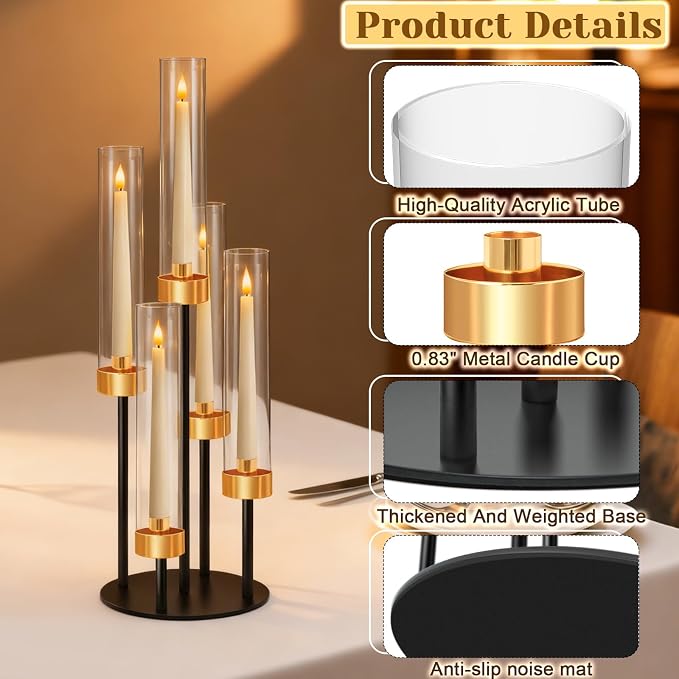 2 PCS 5-Arm Black+Gold Metal Table Candelabra Centerpiece, 22" Tall Clear Acrylic Candlesticks Holder with Shade for Valentines Day Events Party Table Centerpiece,Fit LED Candles