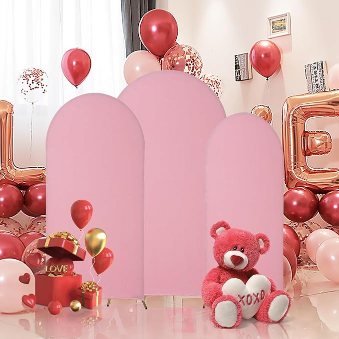 Gawicpy Wedding Arch Backdrop Stand Set Metal Arch Backdrop Stand with Wedding Arch Cover, Wedding Balloon Arch Backdrop Stand for Birthday, Baby Shower, Anniversary (Pink, 5.9FT+6.6FT+7.2FT)