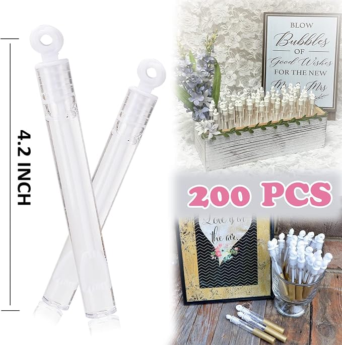 200 Pack Mini Bubble Wands, White Bubble Stick Toy Bulk for Wedding Supplies, Anniversaries, Valentine's Day Gift, Celebrations, Wedding Send Off, Party Favor for Couple, Guests, Kid, Boy and Girl