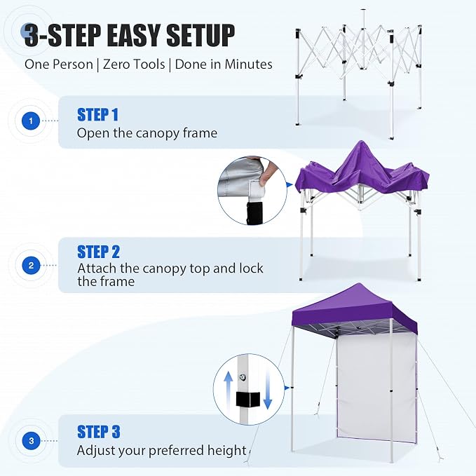 EAGLE PEAK Pop up Canopy 5x5, Outdoor Portable Canopy Tent with One Removable Sunwall, Carry Bag Included, Purple