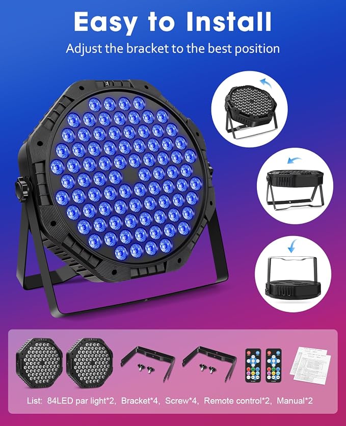 84LEDs Stage Lights 2 Pack 150W RGB Par Light Corded Party Uplights with Sound Activated and DMX Control for DJ, Disco, Wedding, Club, Bars, Birthday Party, Festivals Stage Lighting