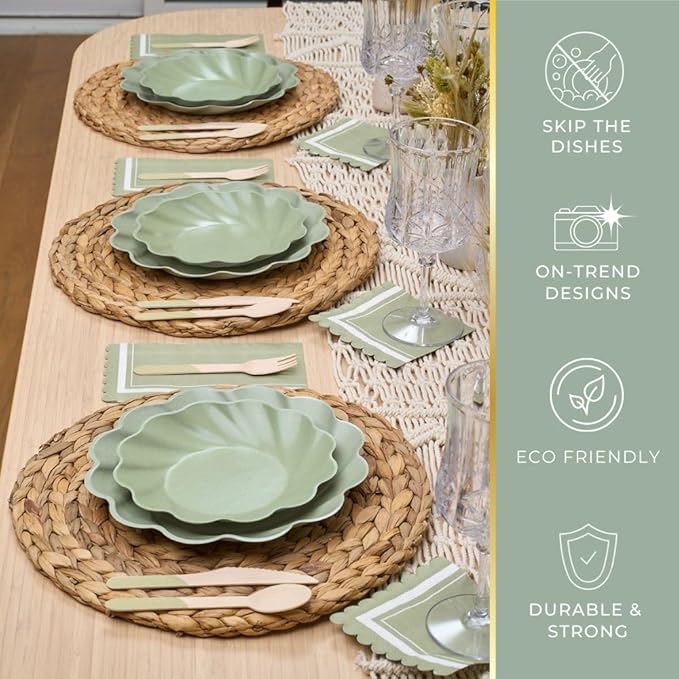 Eco-Friendly Compostable Party Plates - 24 Piece Set in 3 sizes. 8 XL Plates, 8 Dinner Plates, 8 Salad Plates- Made Of Bamboo Wood Fiber, and Sugarcane- Sturdy, Heavy Duty & Stunning - Sage