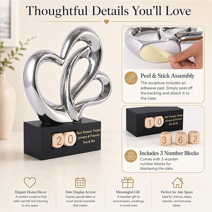 Ceramic Heart Sculpture with Date Blocks, Silver Hearts Statue for Home Decor, Romantic Valentines Day & Wedding for Couple, Shelf Mantel Tabletop Display (Silver)