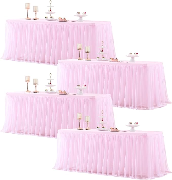 Pink Tablecloth for 6 Foot Rectangle Table, Pink Tulle Table Skirt Cover 6ft Wedding Table Cloths Baby Shower Tutu Ruffle Desk Skirt Bridal Shower Banquet Tulle Table Cloth for Party Decoration