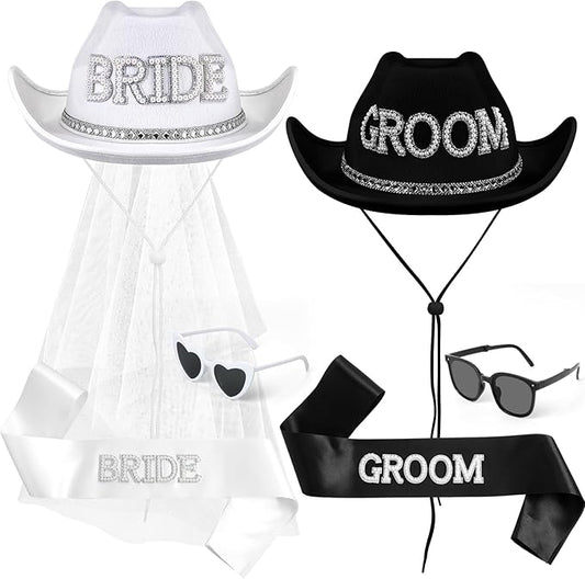 Geyoga 6 Pack Bride Cowgirl Hat with Veil Groom Cowboy Hat Bachelor Party Supplies with Men Women Sunglasses Belt for Wedding Bridal Shower Decoration Gifts Black,White