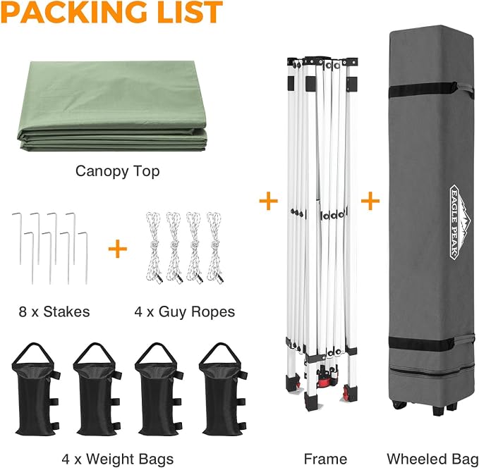 EAGLE PEAK Pop Up Canopy Tent with Wheeled Carry Bag, 8 Stakes, 4 Ropes, 4 Weight Bags, Easy Set Up Tent Canopy, 10x10 ft, 100sqft of Shade, Sage Green
