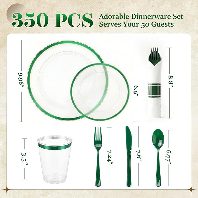 350pcs Plastic Plates for Party Clear & Green | Disposable Plastic Dinnerware Set for 50 Guests Include 100 Plastic Plates,50 Cups & 50 Pre Rolled Napkins with Cutlery Set