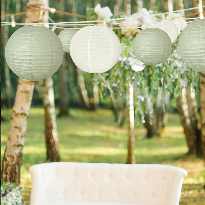 20Pcs Paper Lanterns Decorative, Sage Green and Ivory Round Hanging Paper Lanterns Decorations for Rustic Party Bridal Shower Wedding Birthday Home Decor