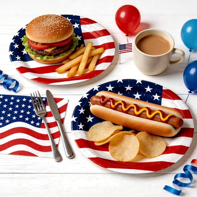 100 Pcs 4th of July Patriotic Paper Plates and Napkins Set Heavy Duty,12"x10" Large Red White Blue Oval Disposable Tableware Set for Veterans Election Day Independence Day American Flag Party Decor