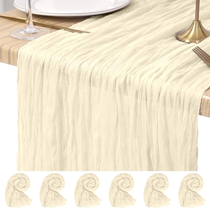 Ivory Cheesecloth Table Runner 6 Pack 10FT - Boho Gauze Sheer Rustic Crinkled Table Runners for Wedding Party Baby Shower Bridal Decor